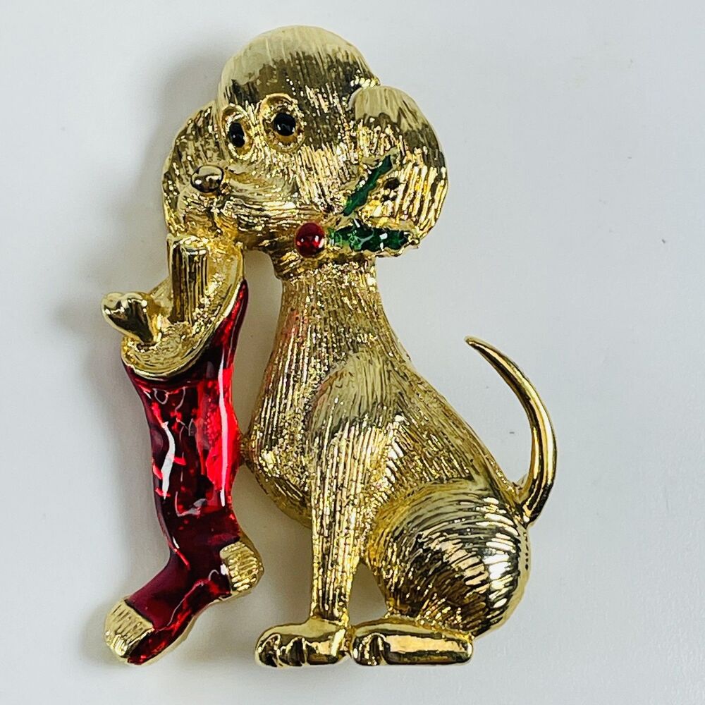 Vintage Gerry's Christmas Dog Poodle Gold Tone Red Stocking Holiday Brooch Pin